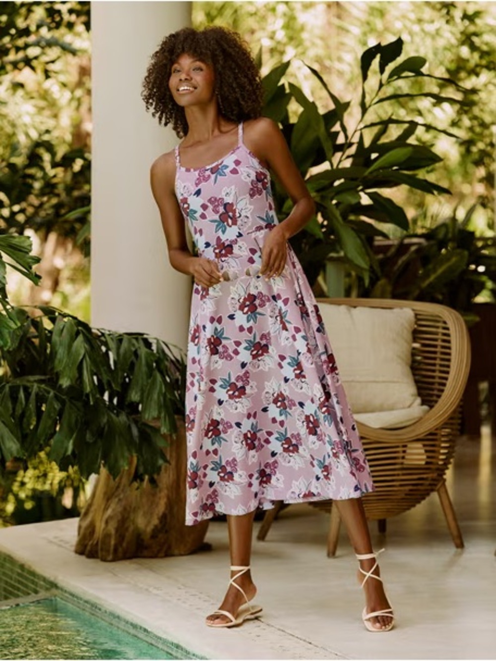 Pact Organic Fit & Flare Midi Dress Fresh Flora Lavender Haze - Picture 3 of 4